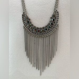 NWOT Lucky Brand Silvertone Necklace with Gray Crystals, Fringe